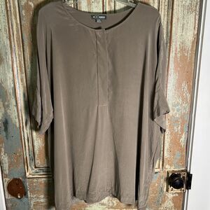Go Silk Woman 100% Silk Blouse 1X Taupe 1/2 Button Front Pull On Dolman Sleeves